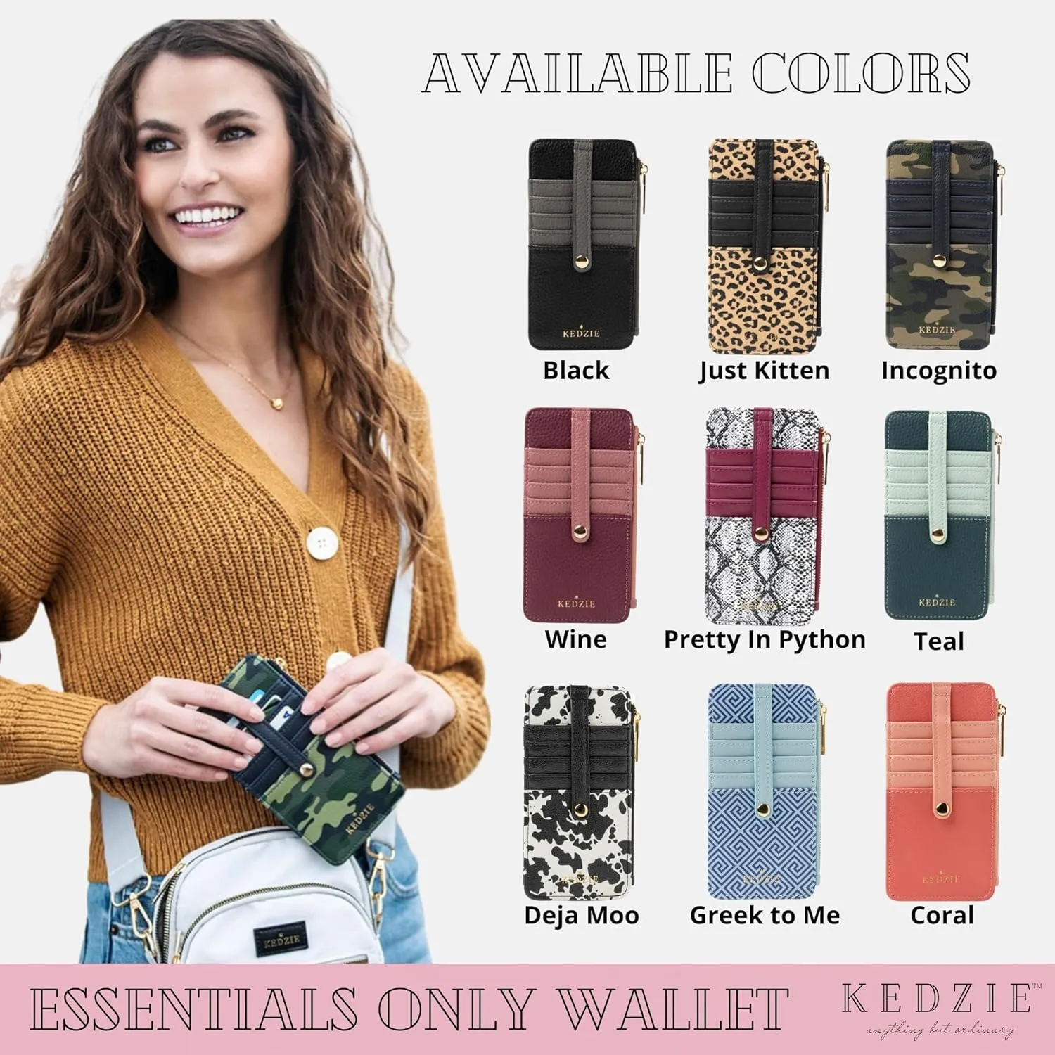 KEDZIE Essentials Only Women's Zippered Wallet in Vegan Leather Small Card Holder Wallet Exterior ID Window - Deja Moo