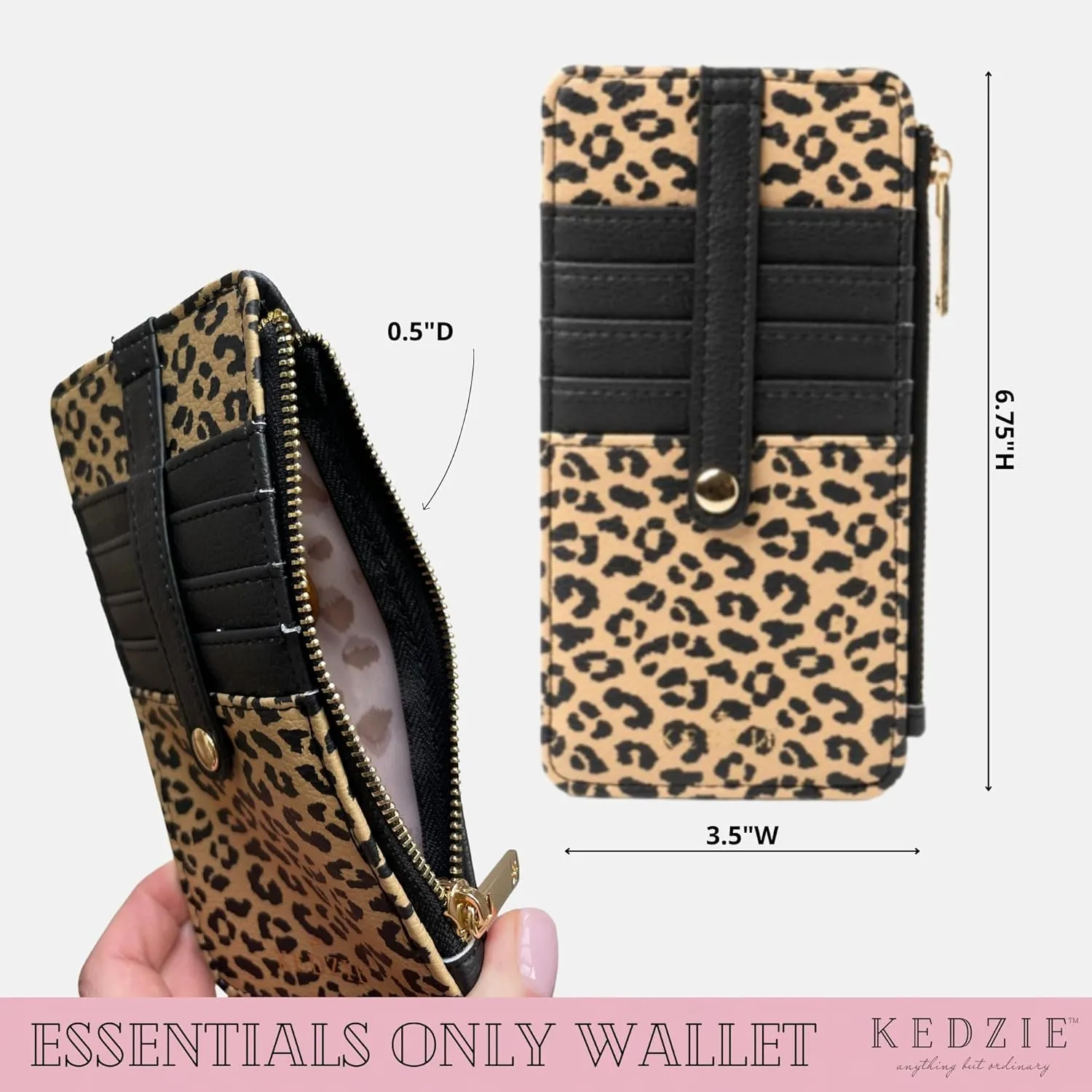 KEDZIE Essentials Only Women's Zippered Wallet in Vegan Leather Small Card Holder Wallet Exterior ID Window - Deja Moo