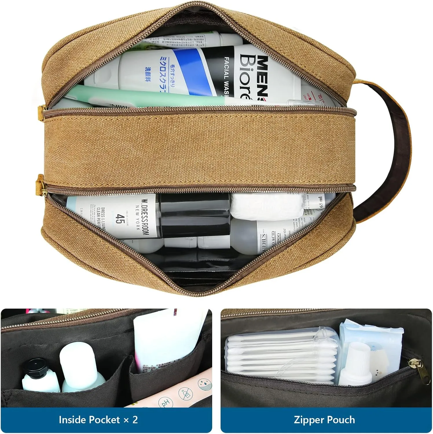 Kemy's Toiletry Bag for Men, Travel Toiletries Organizer Bags with Water Resistant Canvas Leather Dopp Kit Shaving Bag for Toiletries Accessories