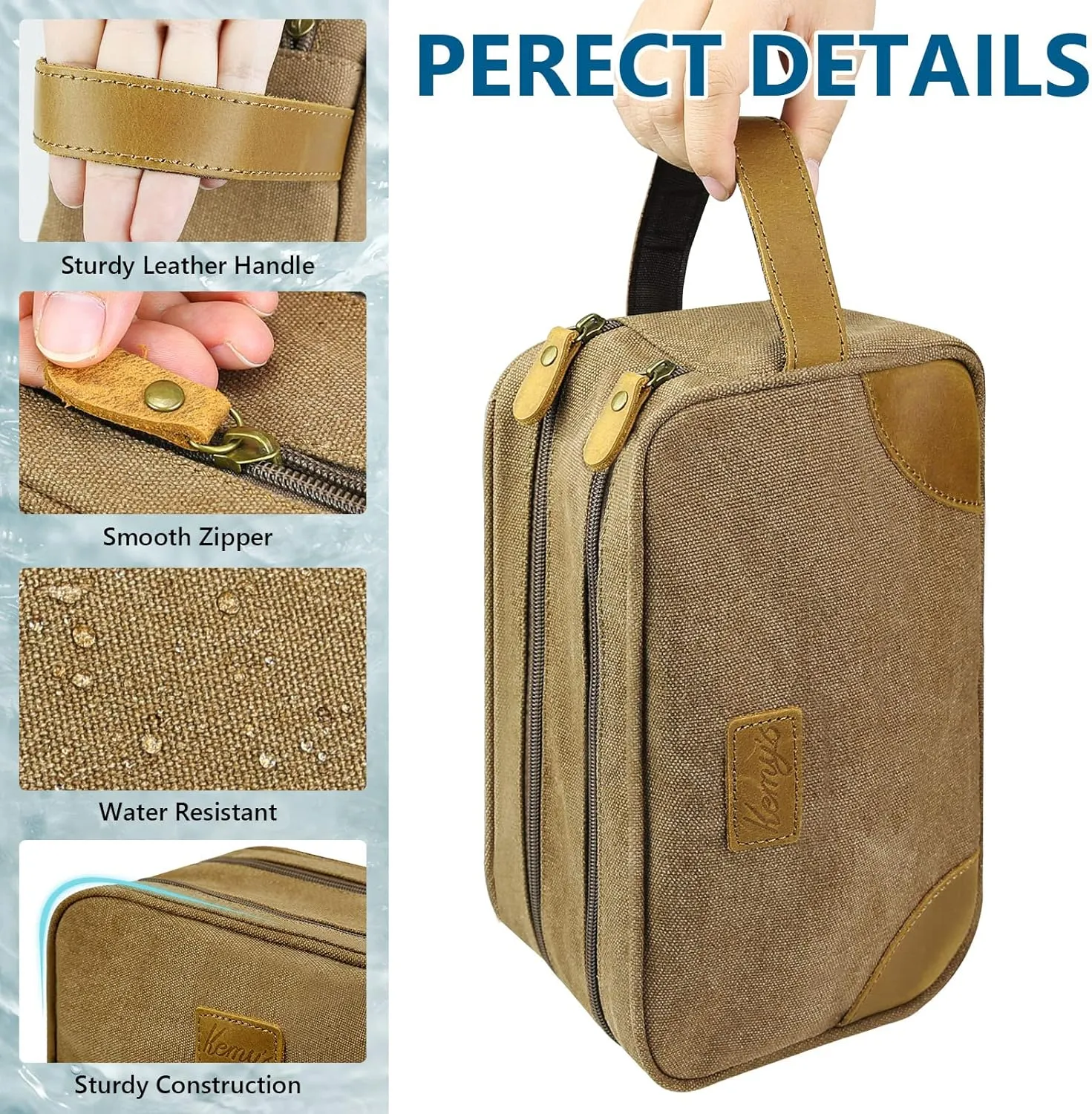 Kemy's Toiletry Bag for Men, Travel Toiletries Organizer Bags with Water Resistant Canvas Leather Dopp Kit Shaving Bag for Toiletries Accessories