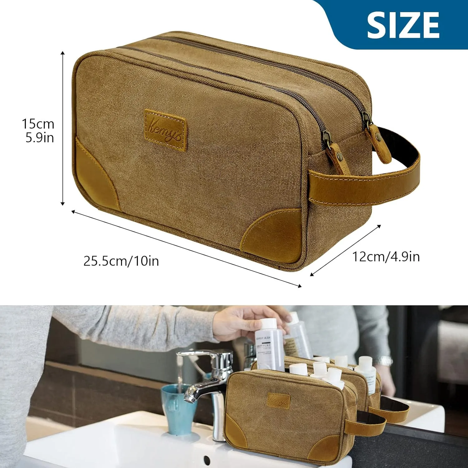 Kemy's Toiletry Bag for Men, Travel Toiletries Organizer Bags with Water Resistant Canvas Leather Dopp Kit Shaving Bag for Toiletries Accessories