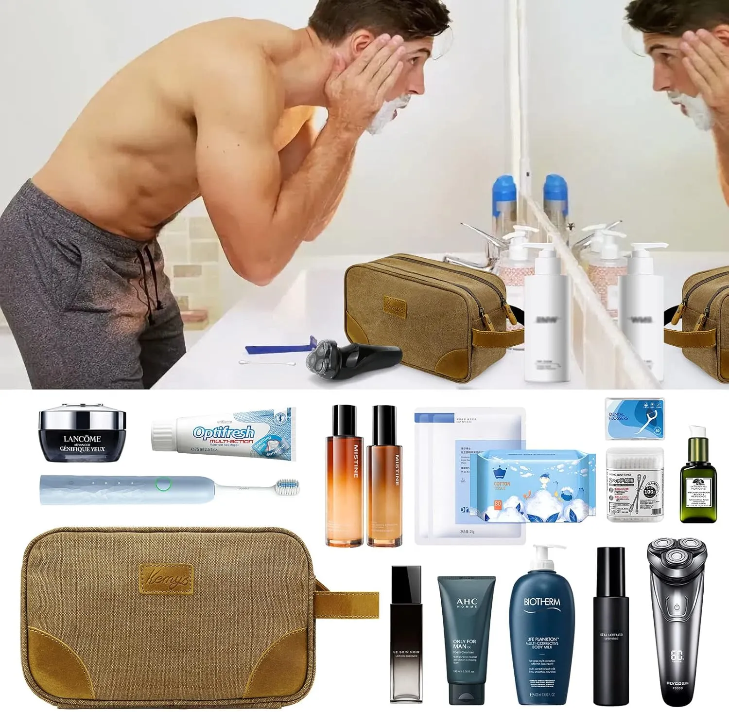 Kemy's Toiletry Bag for Men, Travel Toiletries Organizer Bags with Water Resistant Canvas Leather Dopp Kit Shaving Bag for Toiletries Accessories