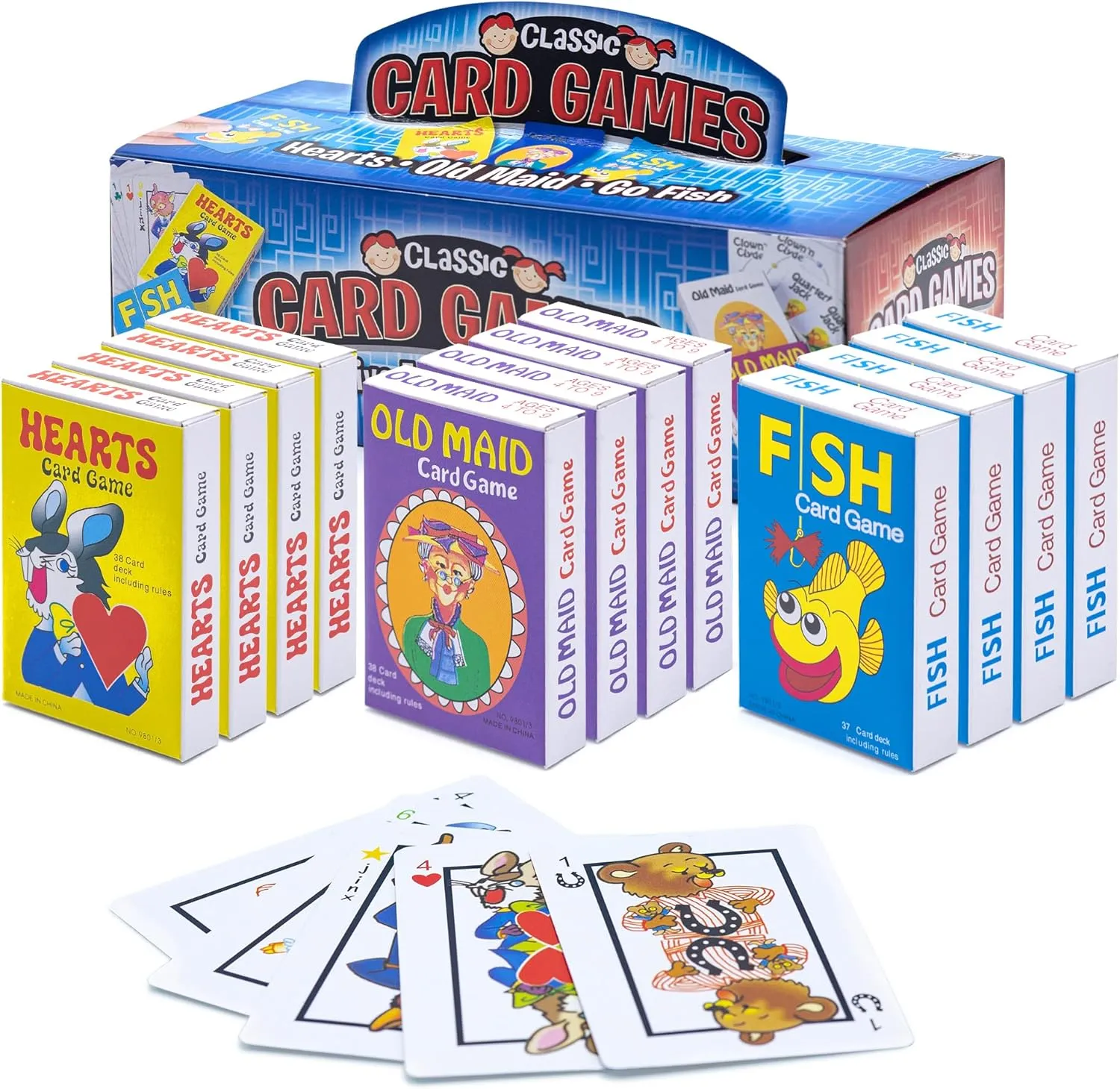 Kids Card Games Bulk – 12 Pack Classic Card Games for Kids Ages 4-9, Multi Pack Set Includes: Hearts, Go Fish, & Old Maid Playing Cards for Family Game Night, Party Favors & Classroom Prizes