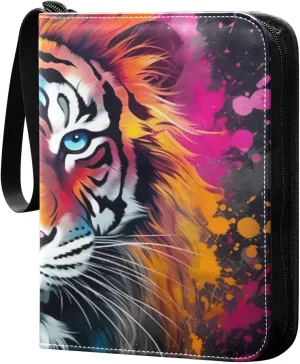 Kigai Beautiful Colorful Tiger Trading Card Binder with Sleeves PU Leather Holds 400 Cards,Double Sided Trading Card Folder with Zipper Collection Binder Album Book Case for Boys Girls