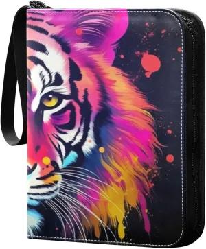 Kigai Beautiful Colorful Tiger Trading Card Binder with Sleeves PU Leather Holds 400 Cards,Double Sided Trading Card Folder with Zipper Collection Binder Album Book Case for Boys Girls
