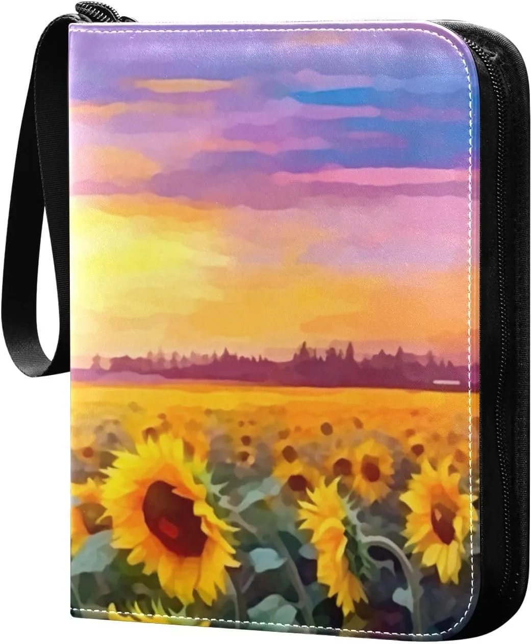 Kigai Trading Card Binder with 50 Sleeves, 400 Pockets PU Zipper Card Collection Binder 4-Pocket Portable Card Folder for Sports Cards, Game Cards (Rural Sunflowers Painting)