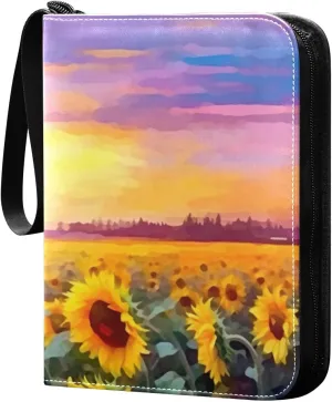 Kigai Trading Card Binder with 50 Sleeves, 400 Pockets PU Zipper Card Collection Binder 4-Pocket Portable Card Folder for Sports Cards, Game Cards (Rural Sunflowers Painting)