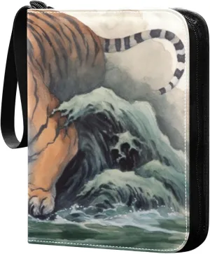 Kigai Trading Card Binder with 50 Sleeves, 400 Pockets PU Zipper Card Collection Binder 4-Pocket Portable Card Folder for Sports Cards, Game Cards (Vintage Tiger Painting)