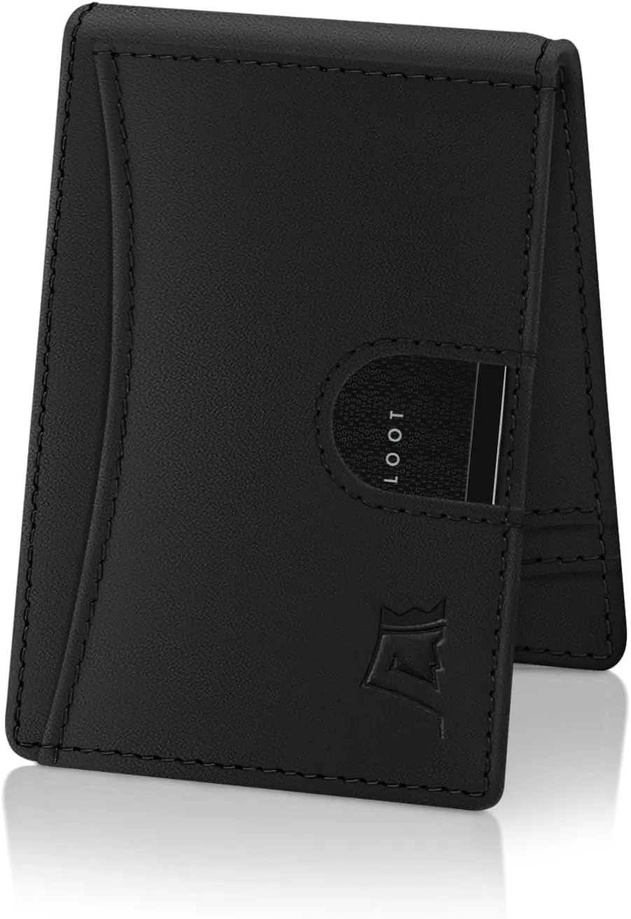 Kings Loot Money Clip Slim Minimalist Wallet for Men | RFID Blocking Leather Design with Money Clip | Front Pocket Bifold Holds 12 Cards | Stylish & Compact Wallets (Black)
