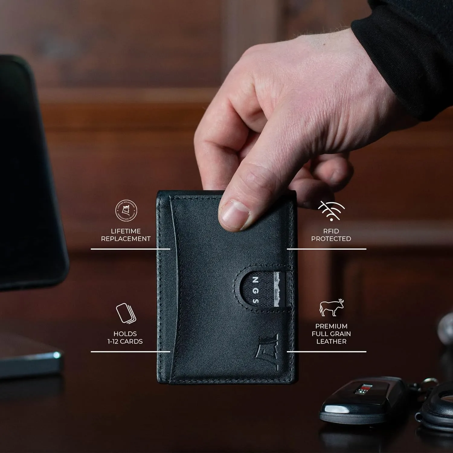 Kings Loot Money Clip Slim Minimalist Wallet for Men | RFID Blocking Leather Design with Money Clip | Front Pocket Bifold Holds 12 Cards | Stylish & Compact Wallets (Black)