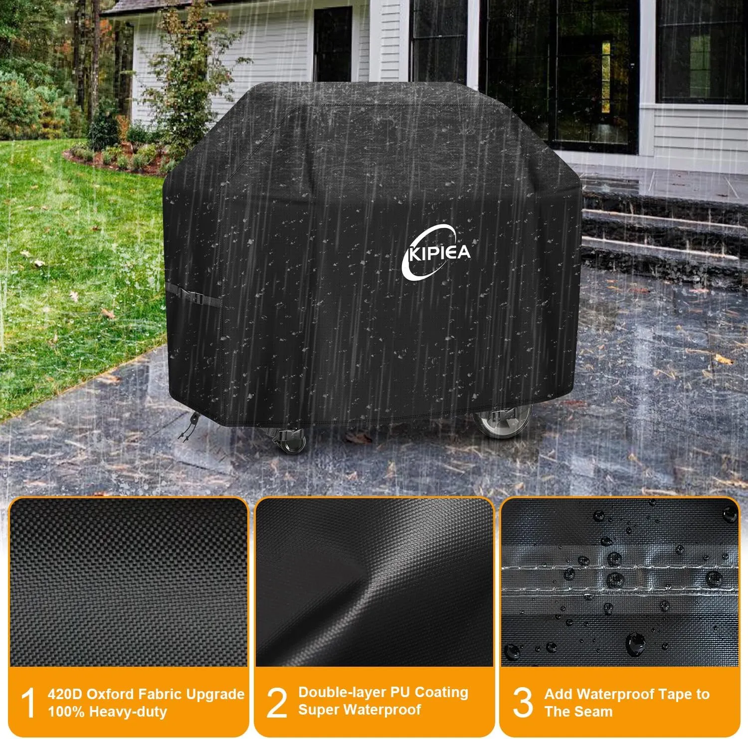 Kipiea Upgrade BBQ Grill Covers 58 inch, Heavy-Duty BBQ Covers, Universal Outdoor Grill Covers with 4 Windproof Buckles, No Tears Anti UV No Fading (58" W x 24" D x 46" H)