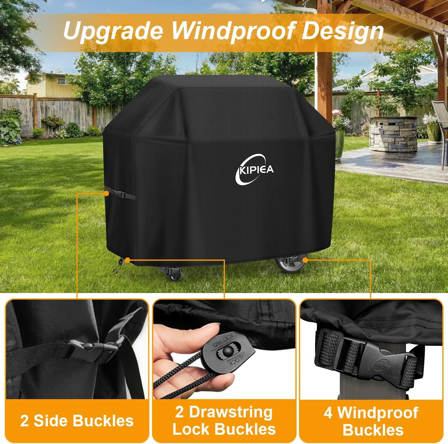 Kipiea Upgrade BBQ Grill Covers 58 inch, Heavy-Duty BBQ Covers, Universal Outdoor Grill Covers with 4 Windproof Buckles, No Tears Anti UV No Fading (58" W x 24" D x 46" H)