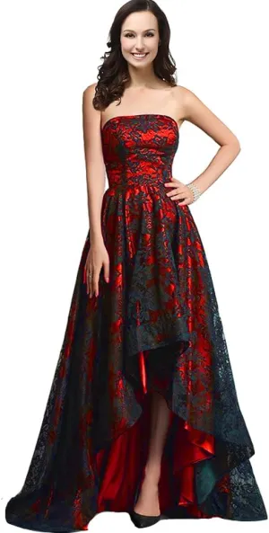Kivary Strapless Black Lace High Low Long A Line Corset Prom Evening Formal Dresses