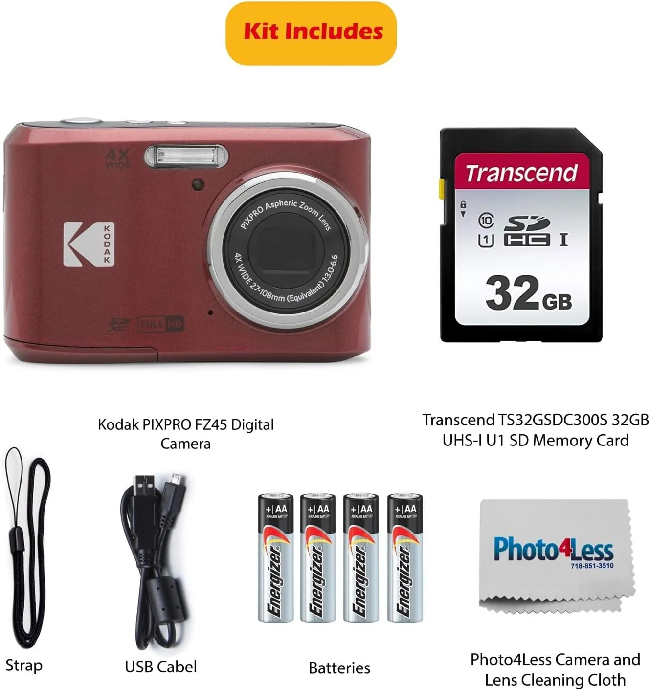 KODAK PIXPRO FZ45 16MP Digital Camera with 4X Optical Zoom 27mm Wide Angle and 2.7" LCD Screen Bundle with 32GB SD Memory Card, AA Batteries (4 Pack), Lens Cleaning Cloth (Red)