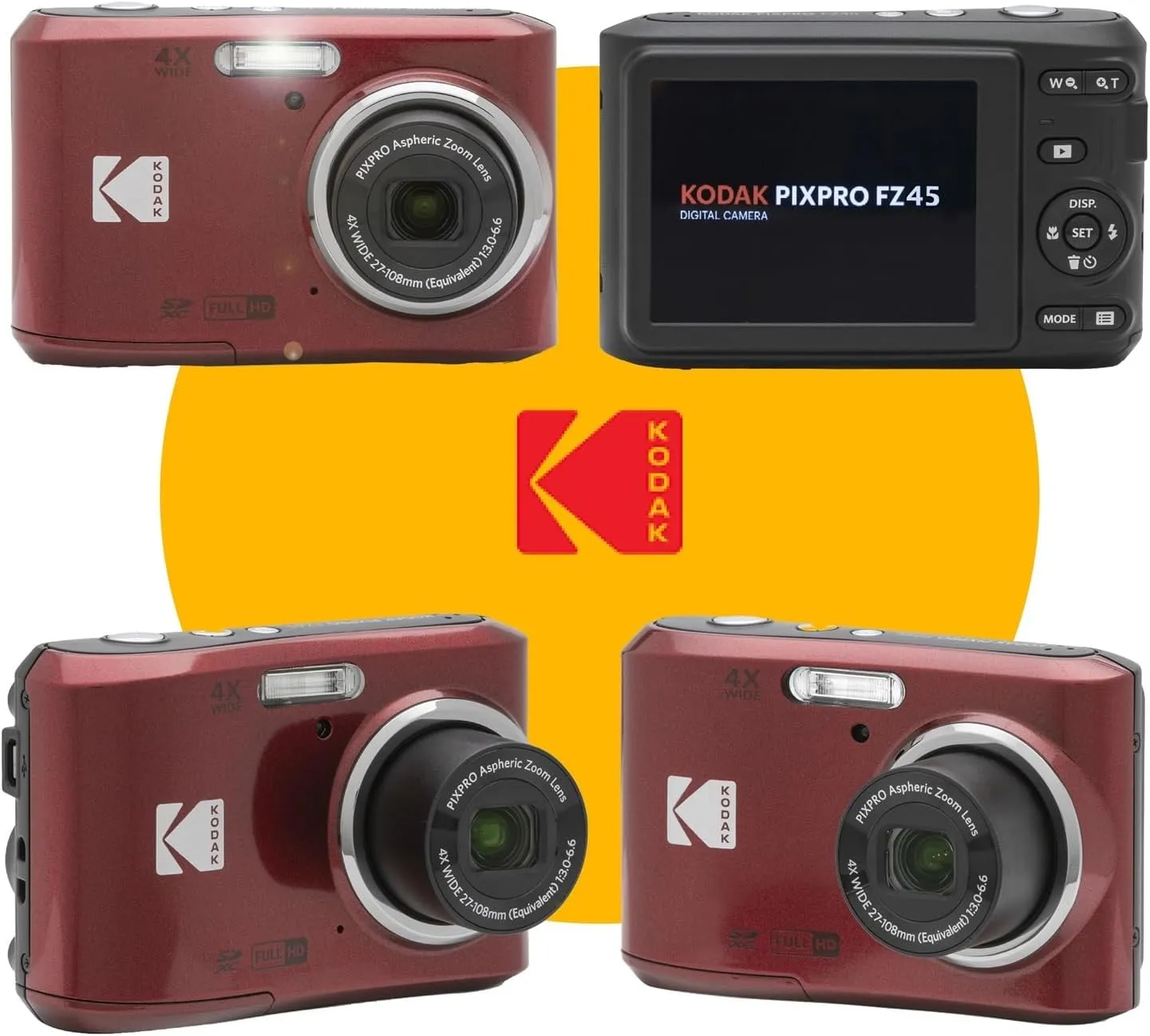 KODAK PIXPRO FZ45 16MP Digital Camera with 4X Optical Zoom 27mm Wide Angle and 2.7" LCD Screen Bundle with 32GB SD Memory Card, AA Batteries (4 Pack), Lens Cleaning Cloth (Red)