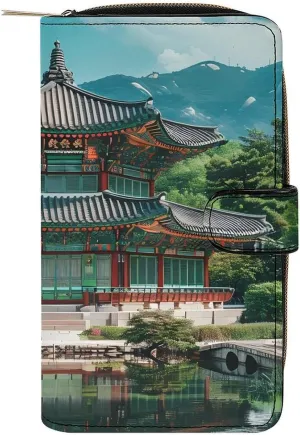 Korean Architecture Palace of Koreas Womens Long Wallet Leather Clutch Wallet Purse Card Organizer with Zip for Work Travel