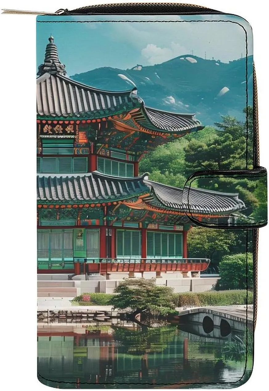 Korean Architecture Palace of Koreas Womens Long Wallet Leather Clutch Wallet Purse Card Organizer with Zip for Work Travel