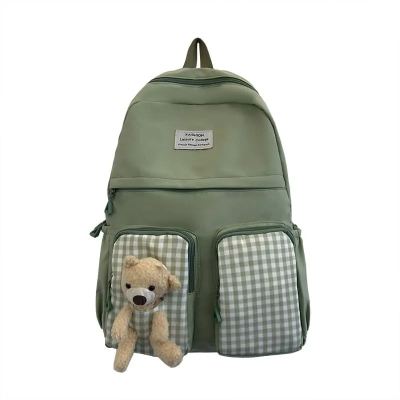 Korean Plaid Bear Backpack – Cute Large-Capacity School Bag