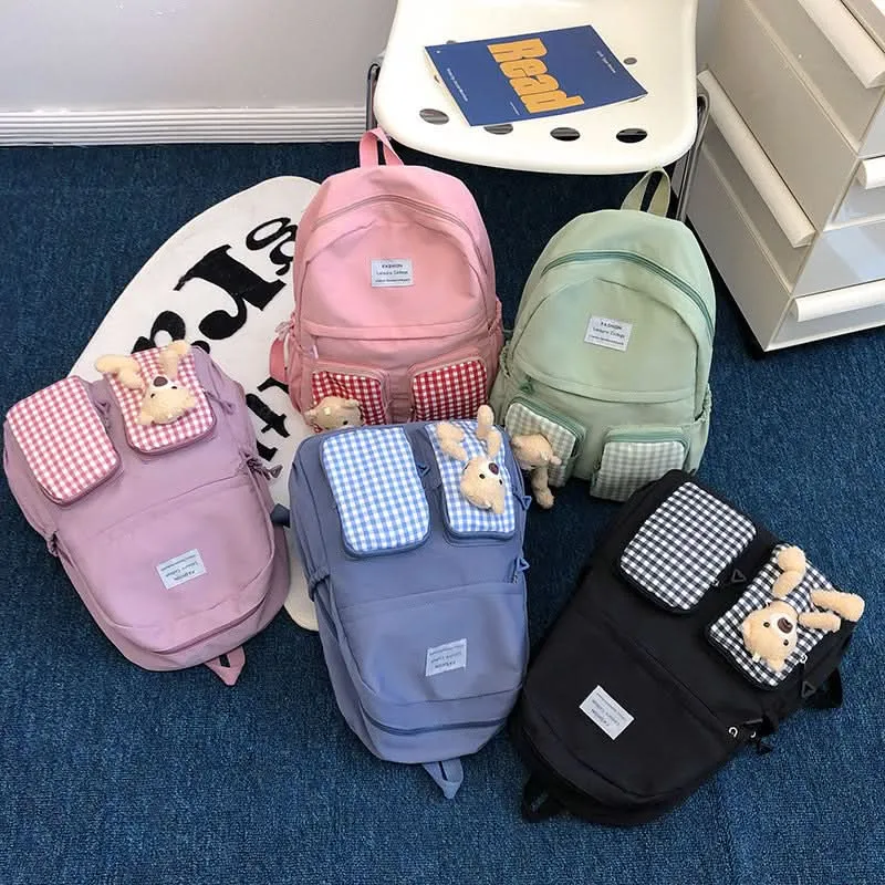Korean Plaid Bear Backpack – Cute Large-Capacity School Bag