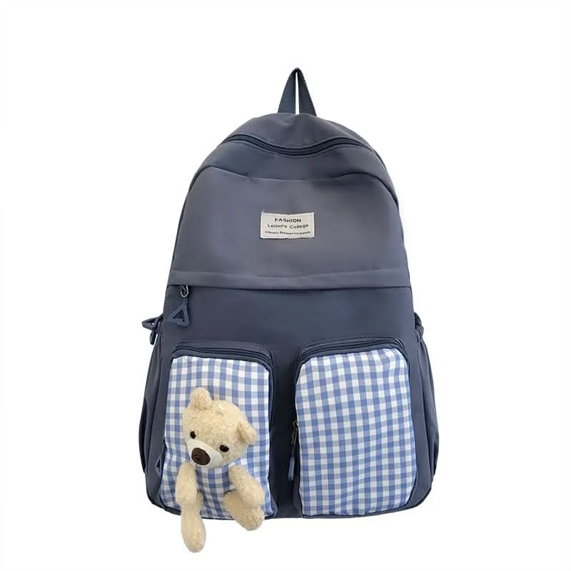 Korean Plaid Bear Backpack – Cute Large-Capacity School Bag