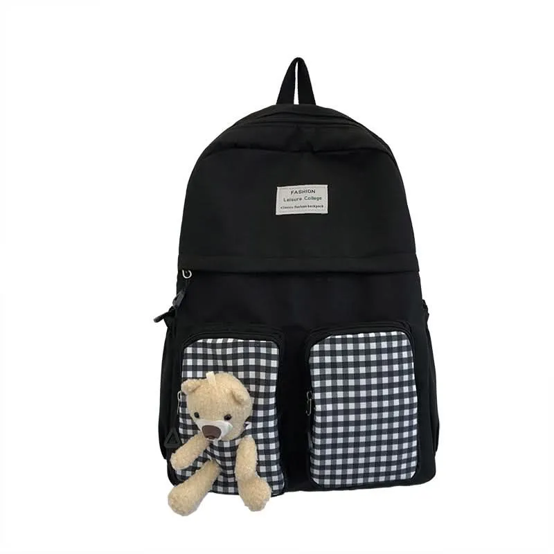 Korean Plaid Bear Backpack – Cute Large-Capacity School Bag