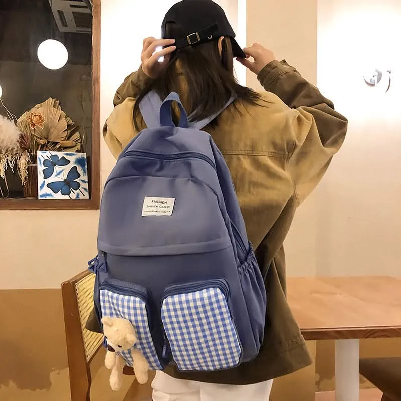 Korean Plaid Bear Backpack – Cute Large-Capacity School Bag
