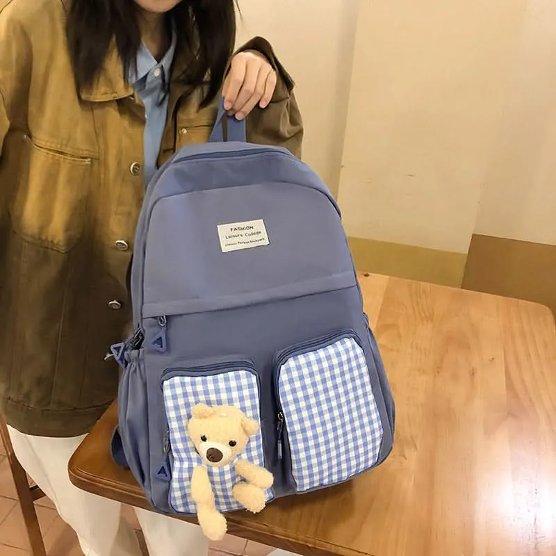 Korean Plaid Bear Backpack – Cute Large-Capacity School Bag