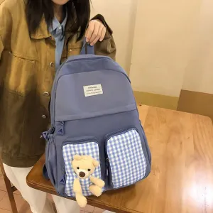Korean Plaid Bear Backpack – Cute Large-Capacity School Bag
