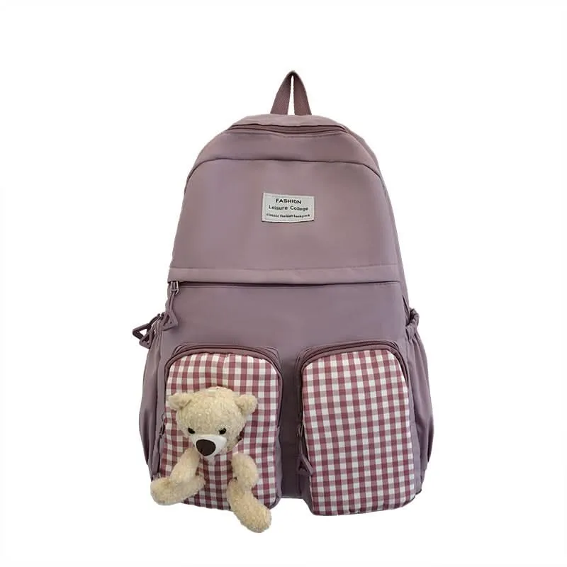 Korean Plaid Bear Backpack – Cute Large-Capacity School Bag