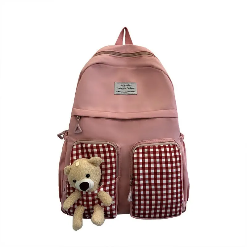Korean Plaid Bear Backpack – Cute Large-Capacity School Bag