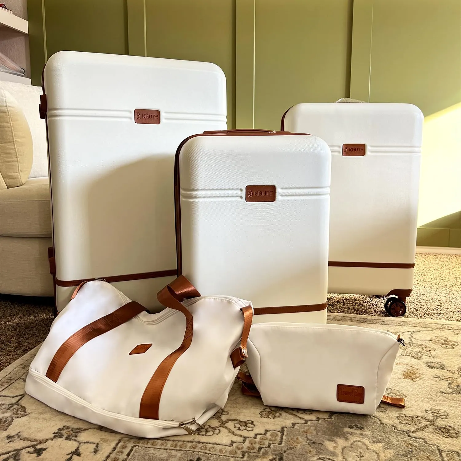 Krute Carry On Luggage Sets 3 Pieces Suitcase Set Hard Shell PC ABS Airline Approved Suitcases with Spinner Wheels TSA Approved 20 Inch Luggage (WhiteBrown)