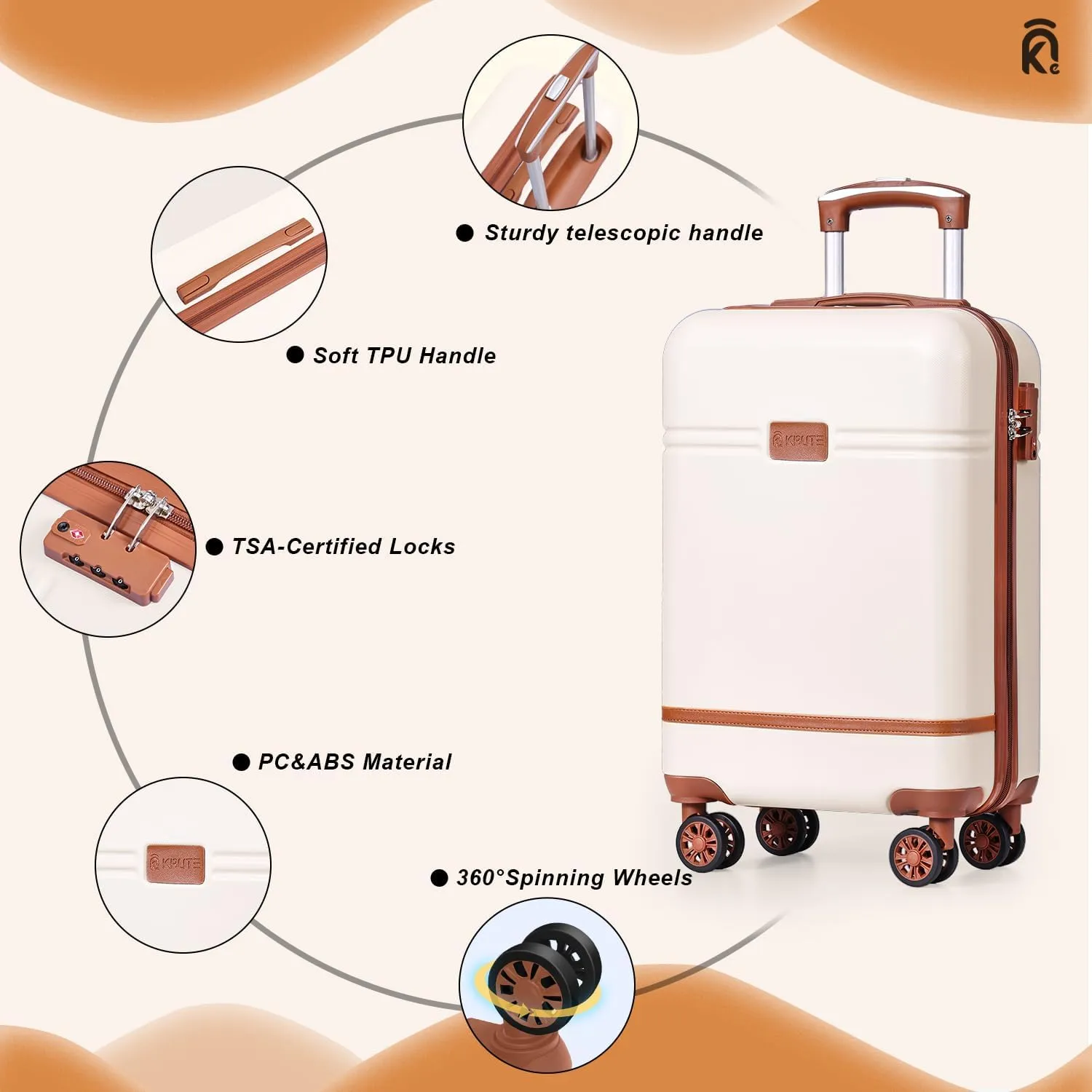 Krute Carry On Luggage Sets 3 Pieces Suitcase Set Hard Shell PC ABS Airline Approved Suitcases with Spinner Wheels TSA Approved 20 Inch Luggage (WhiteBrown)