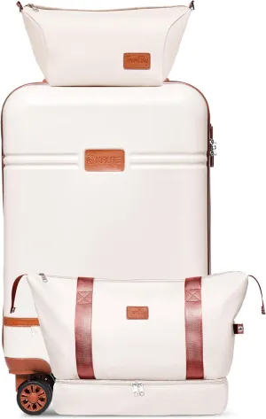 Krute Carry On Luggage Sets 3 Pieces Suitcase Set Hard Shell PC ABS Airline Approved Suitcases with Spinner Wheels TSA Approved 20 Inch Luggage (WhiteBrown)