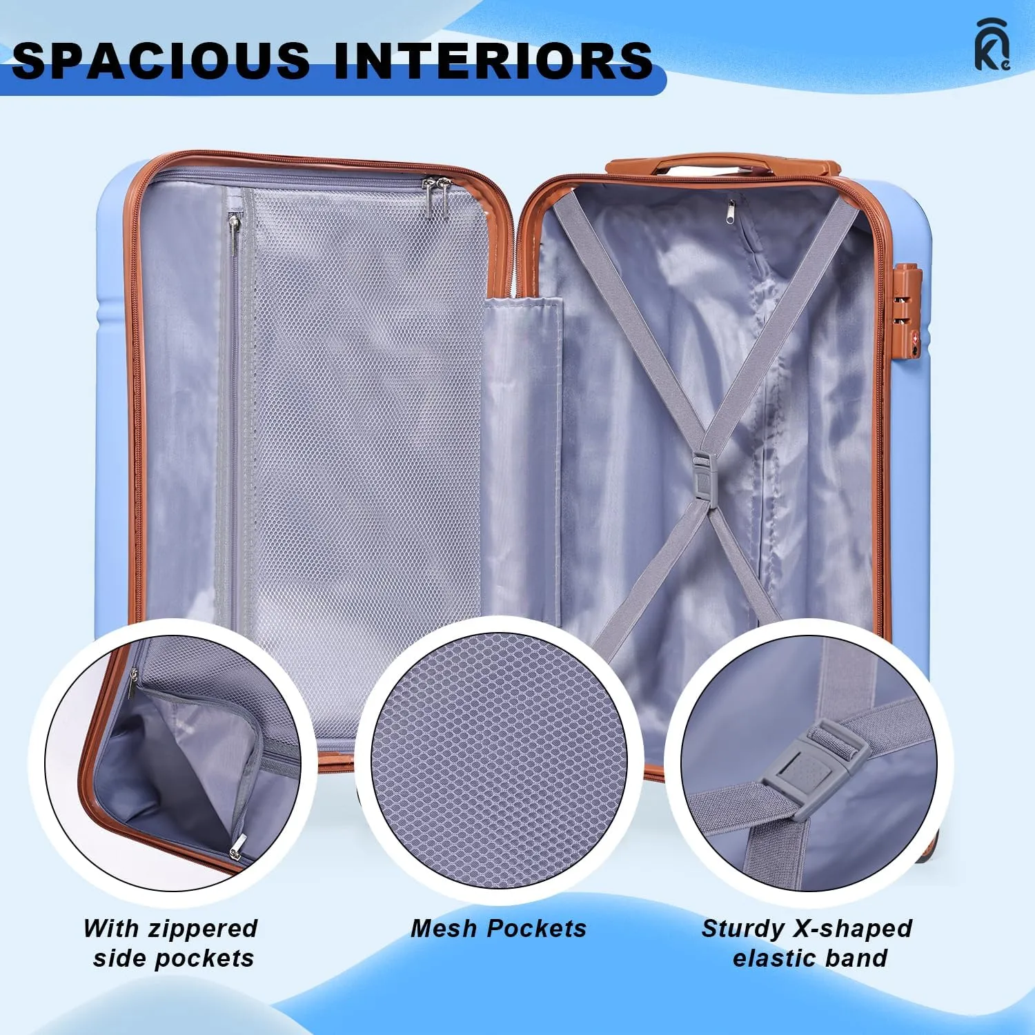 Krute Luggage Sets 5 Pieces Suitcase Set Hard Shell Carry On Luggage with Spinner Wheels TSA Approved Durable PC ABS Suit Case (LightBlue)