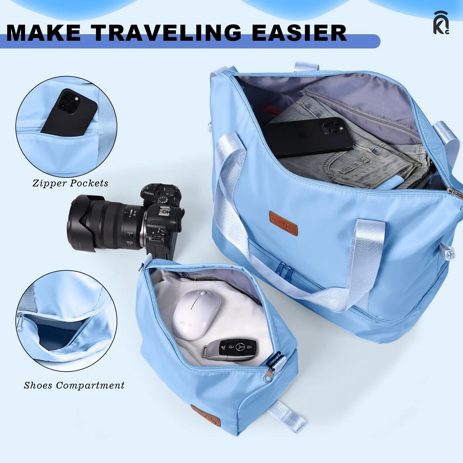 Krute Luggage Sets 5 Pieces Suitcase Set Hard Shell Carry On Luggage with Spinner Wheels TSA Approved Durable PC ABS Suit Case (LightBlue)