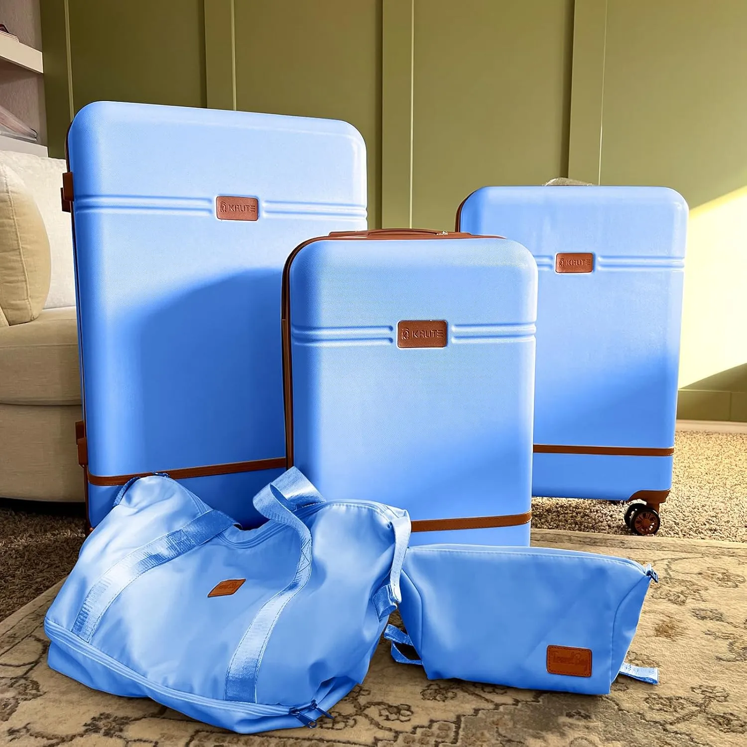 Krute Luggage Sets 5 Pieces Suitcase Set Hard Shell Carry On Luggage with Spinner Wheels TSA Approved Durable PC ABS Suit Case (LightBlue)