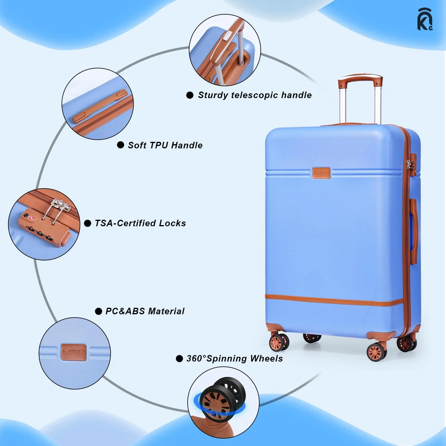 Krute Luggage Sets 5 Pieces Suitcase Set Hard Shell Carry On Luggage with Spinner Wheels TSA Approved Durable PC ABS Suit Case (LightBlue)