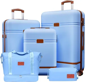 Krute Luggage Sets 5 Pieces Suitcase Set Hard Shell Carry On Luggage with Spinner Wheels TSA Approved Durable PC ABS Suit Case (LightBlue)