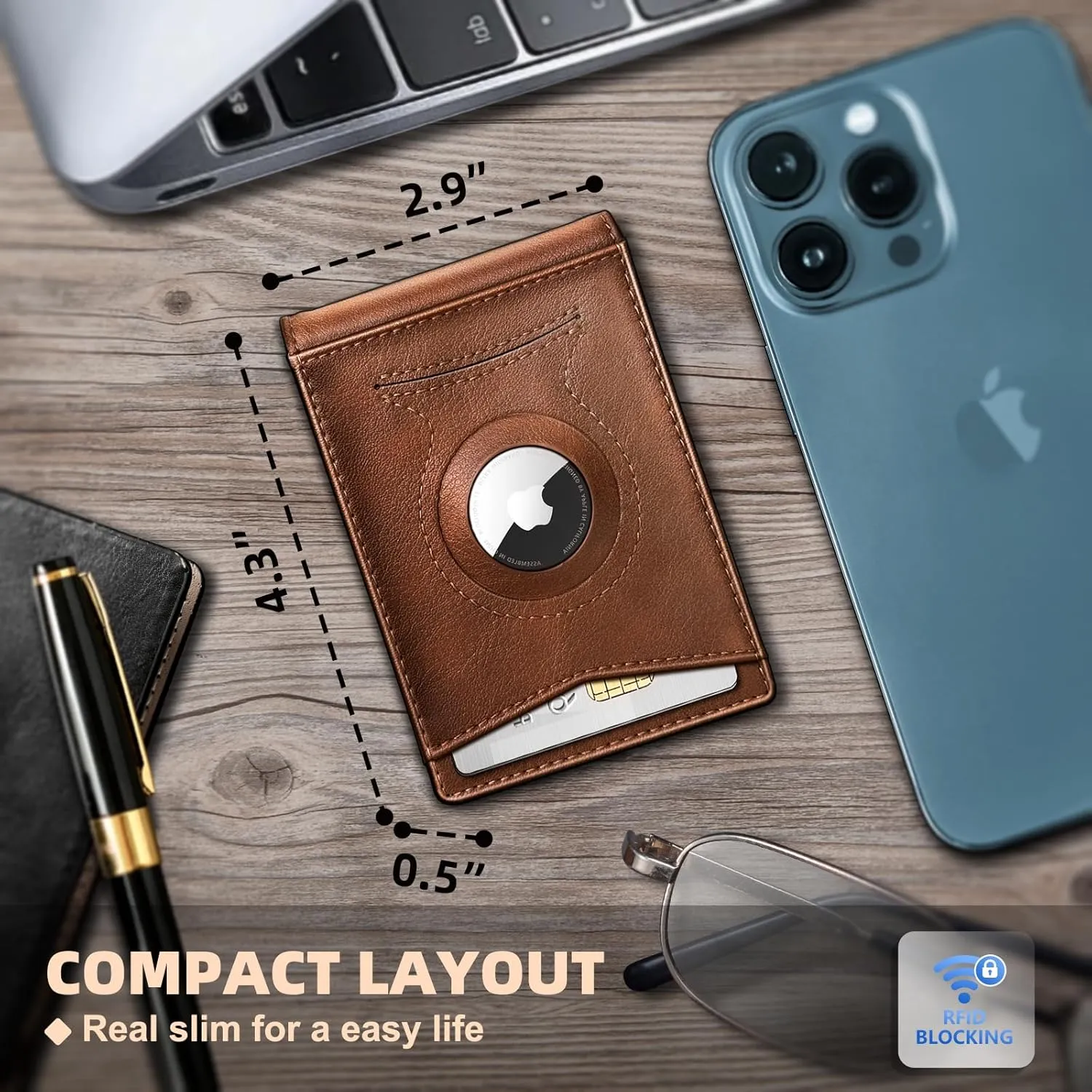 KS Mens Wallet Gift Airtag or Standard Use,Slim Front Pocket Leather Wallet Money Clip 11 cards RFID Blocking