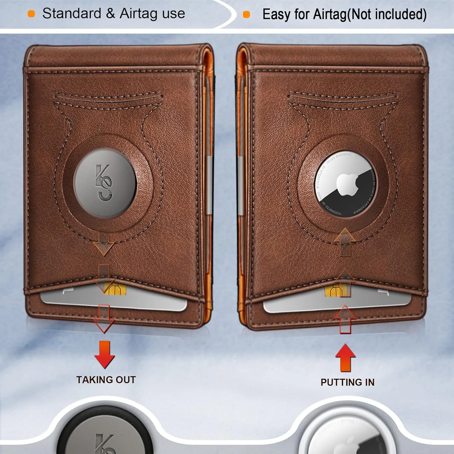 KS Mens Wallet Gift Airtag or Standard Use,Slim Front Pocket Leather Wallet Money Clip 11 cards RFID Blocking