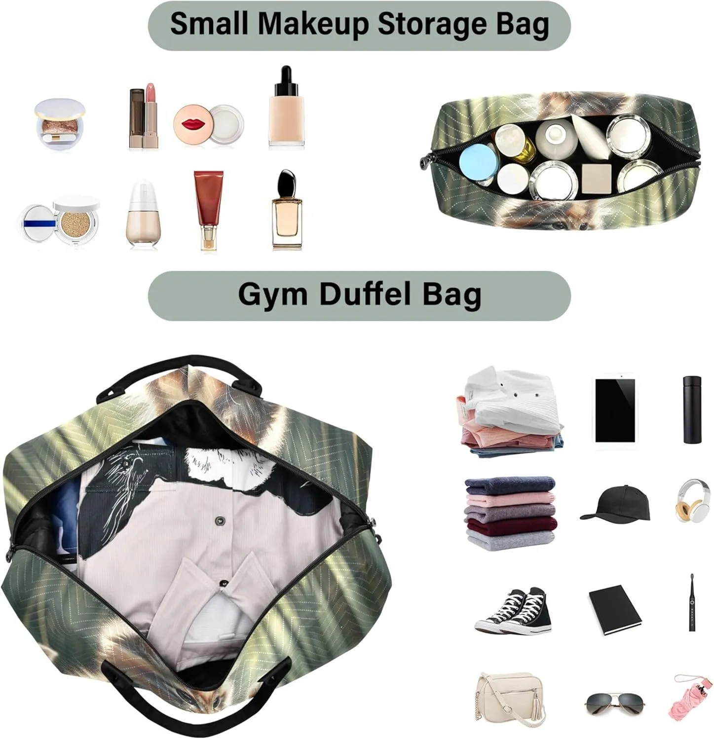Kung Fu Kitten Funny Duffle Travel Bags Toiletry Pouches Set of 2, Prints Womens Gym Bag Small Overnight Bag
