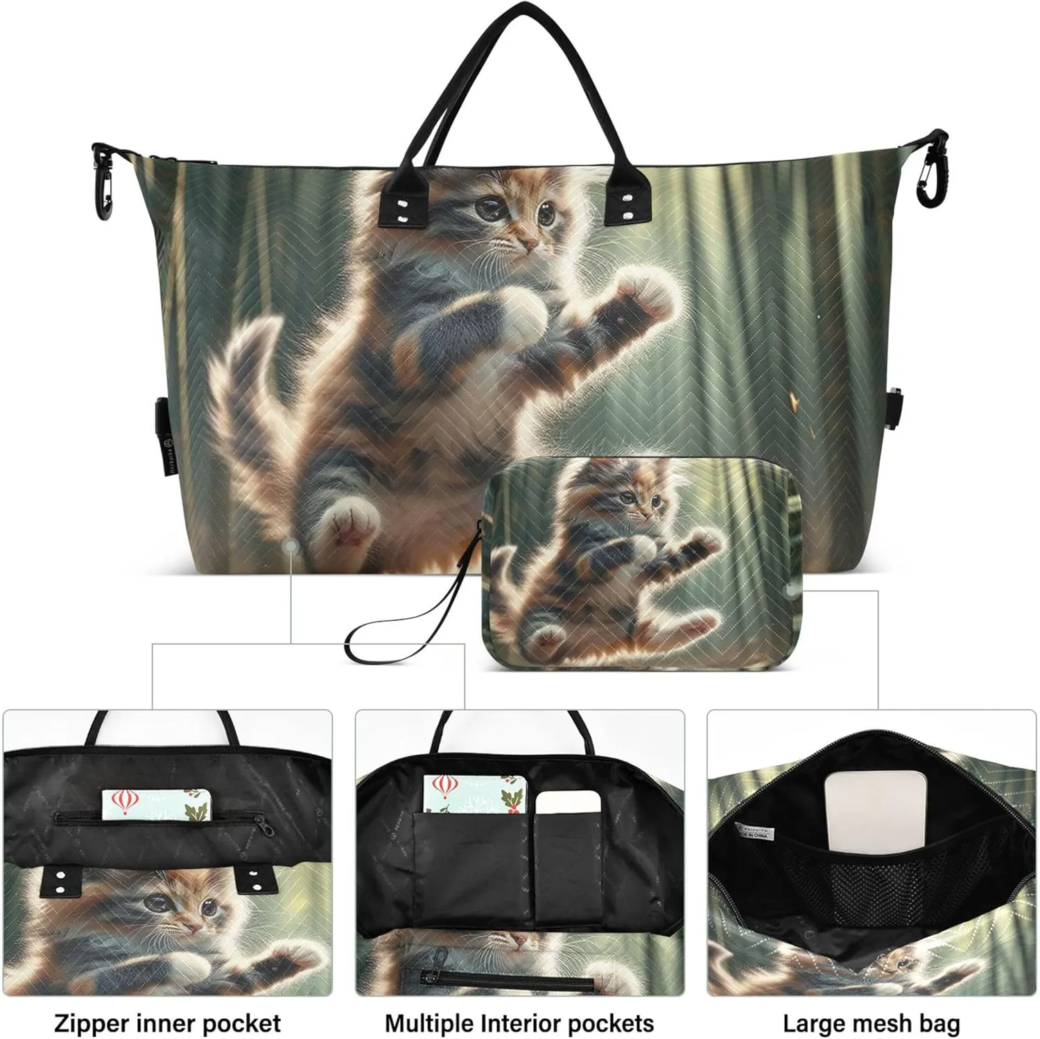 Kung Fu Kitten Funny Duffle Travel Bags Toiletry Pouches Set of 2, Prints Womens Gym Bag Small Overnight Bag