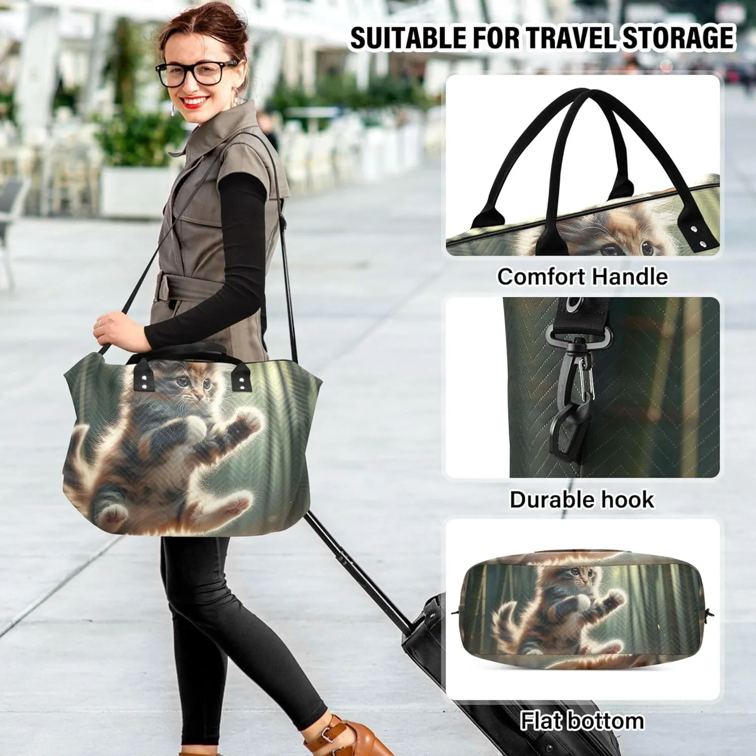 Kung Fu Kitten Funny Duffle Travel Bags Toiletry Pouches Set of 2, Prints Womens Gym Bag Small Overnight Bag