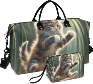 Kung Fu Kitten Funny Duffle Travel Bags Toiletry Pouches Set of 2, Prints Womens Gym Bag Small Overnight Bag