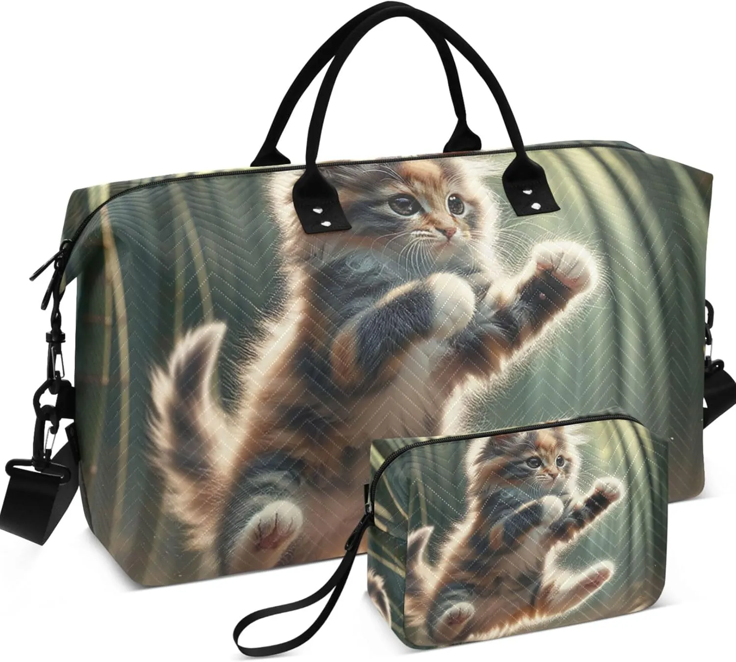 Kung Fu Kitten Funny Duffle Travel Bags Toiletry Pouches Set of 2, Prints Womens Gym Bag Small Overnight Bag