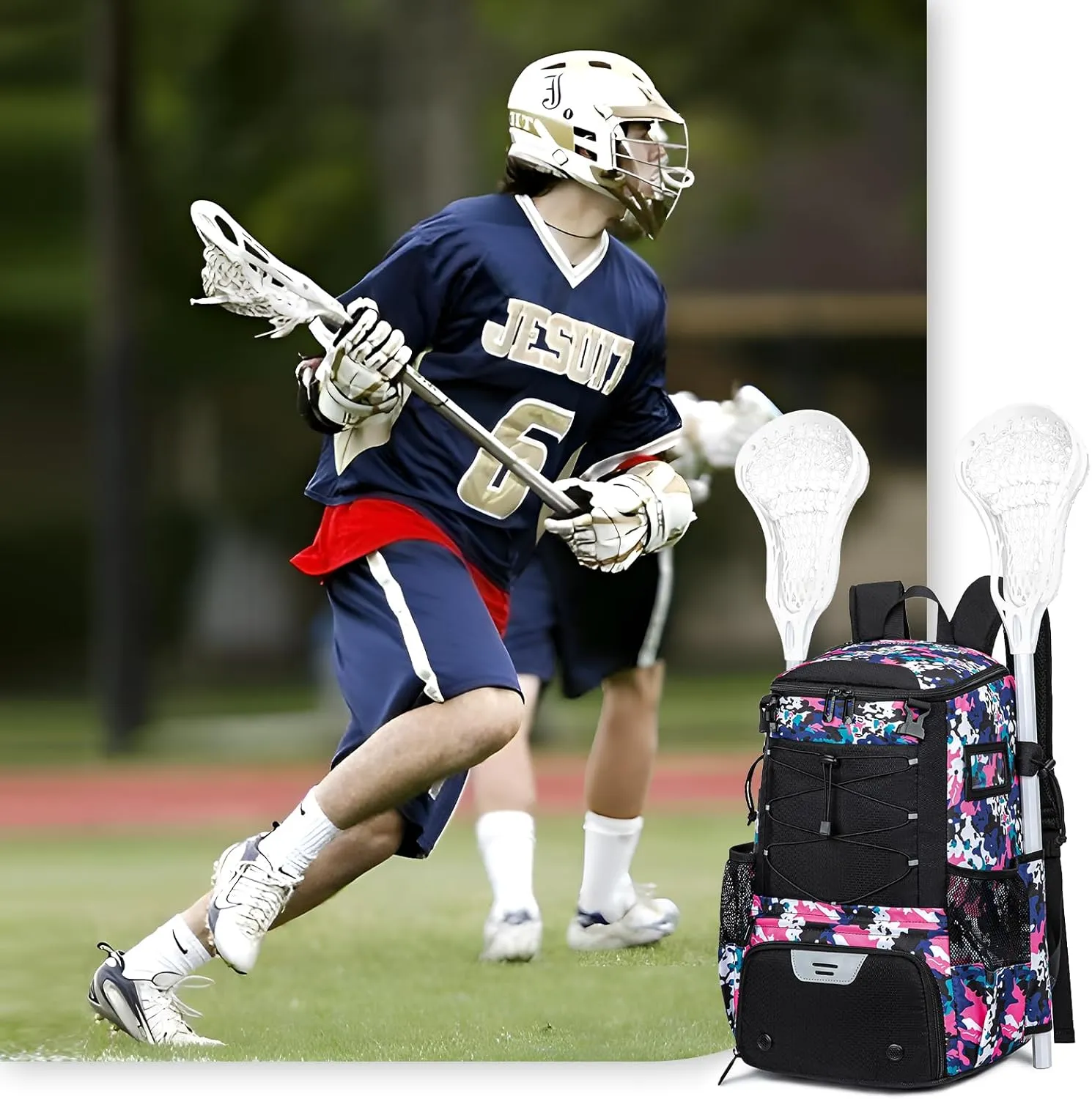 Lacrosse Bag for Kids and Youth, Lacrosse Backpack with Helmet Holder and Shoes Compartment, Waterproof Field Hockey Gears Bag for Boys & Girls