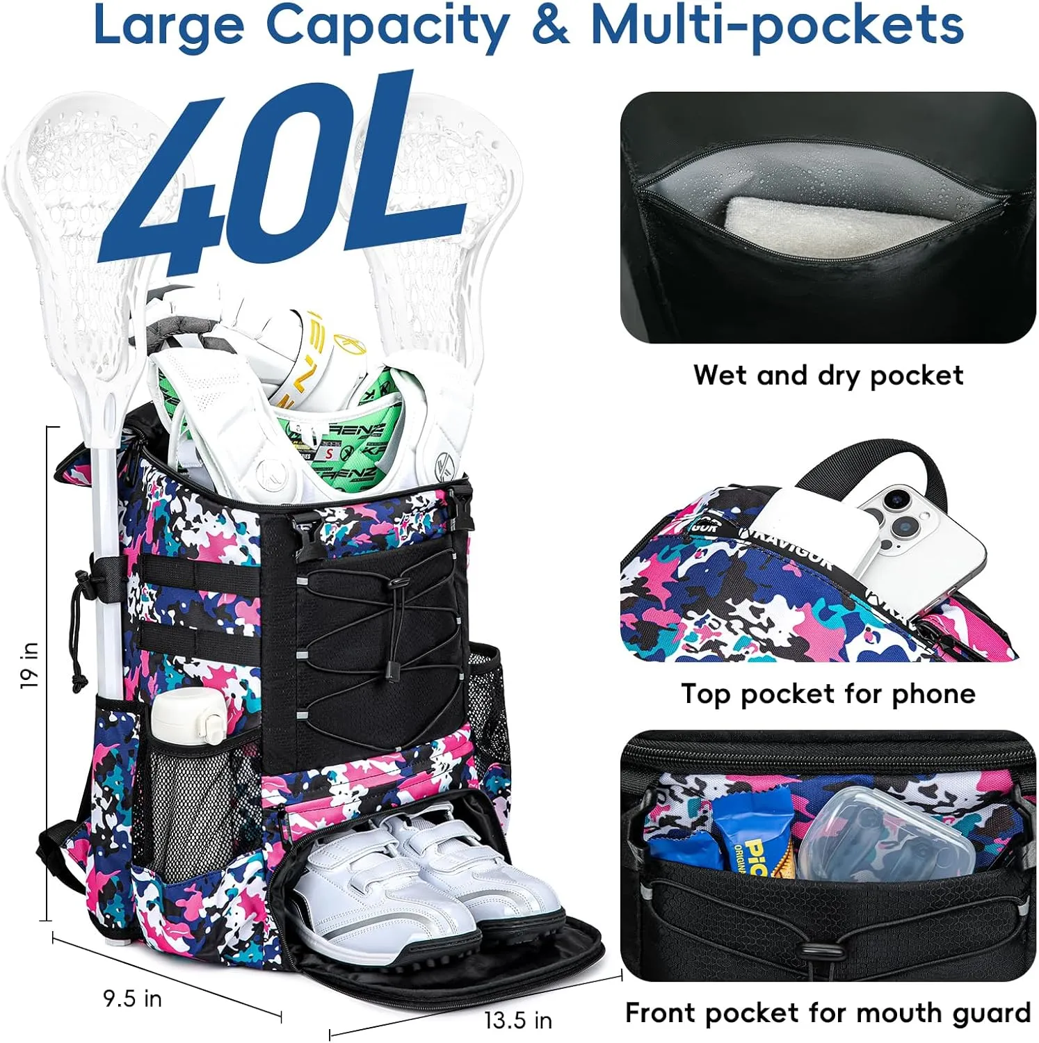 Lacrosse Bag for Kids and Youth, Lacrosse Backpack with Helmet Holder and Shoes Compartment, Waterproof Field Hockey Gears Bag for Boys & Girls