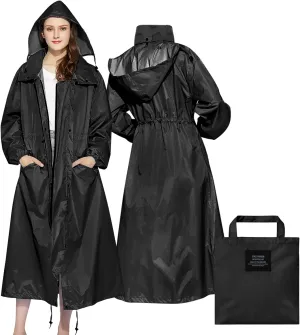 LAMA Womens Long Raincoats Rain Jacket Waterproof Packable Hooded Windbreaker Lightweight Adjustable Waist for Outdoor