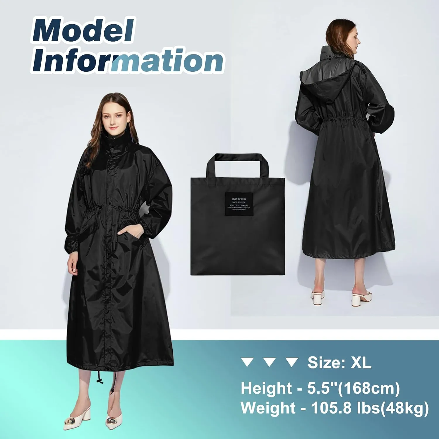LAMA Womens Long Raincoats Rain Jacket Waterproof Packable Hooded Windbreaker Lightweight Adjustable Waist for Outdoor