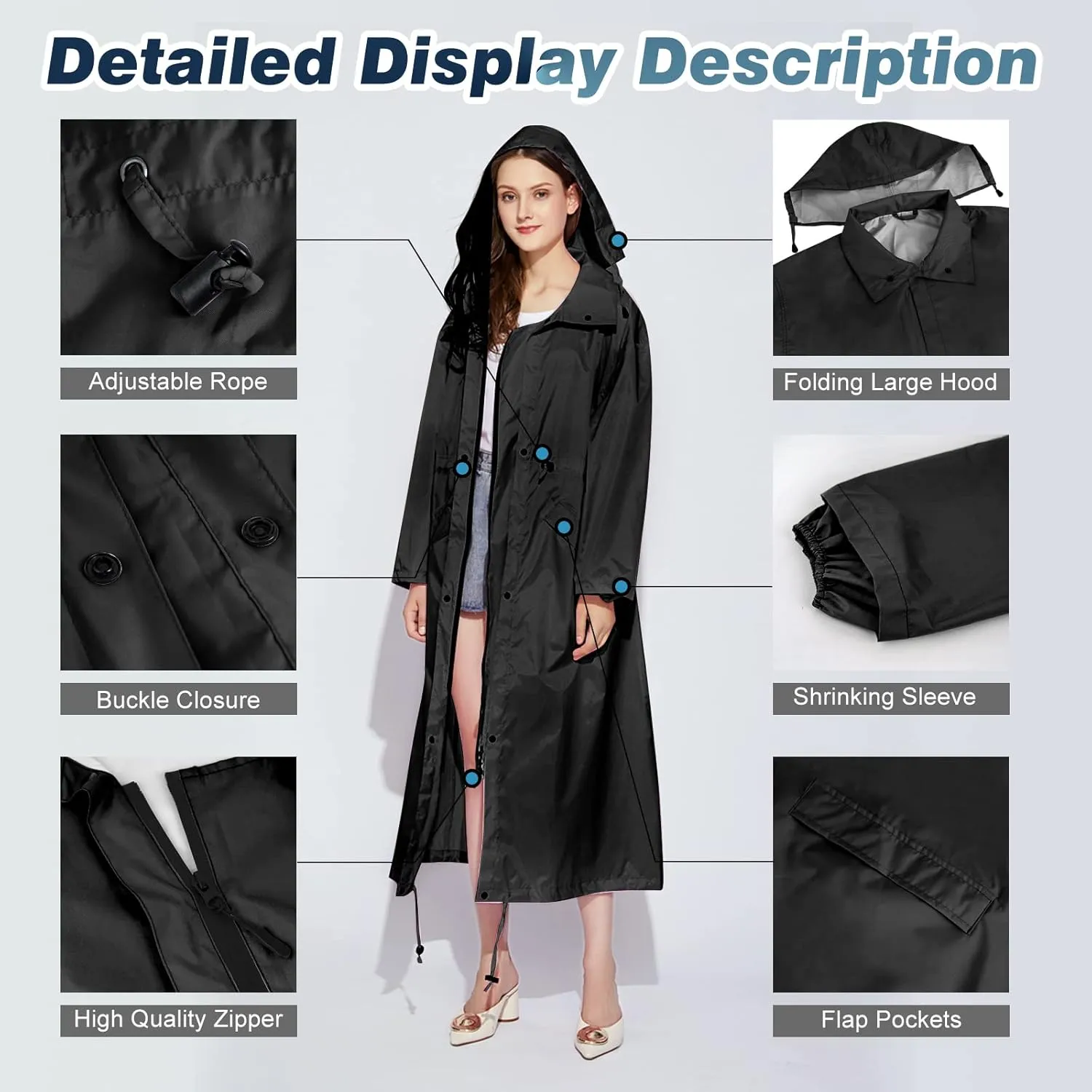 LAMA Womens Long Raincoats Rain Jacket Waterproof Packable Hooded Windbreaker Lightweight Adjustable Waist for Outdoor